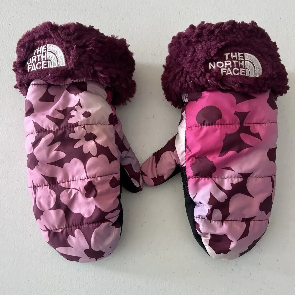 The North Face Girls Mossbud Swirl Mittens Floral Size XL Faux Fur Pink Lined
